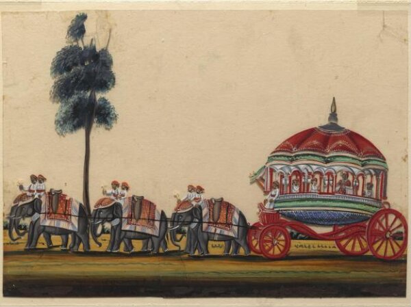 Unknown, A carriage drawn by six elephants.