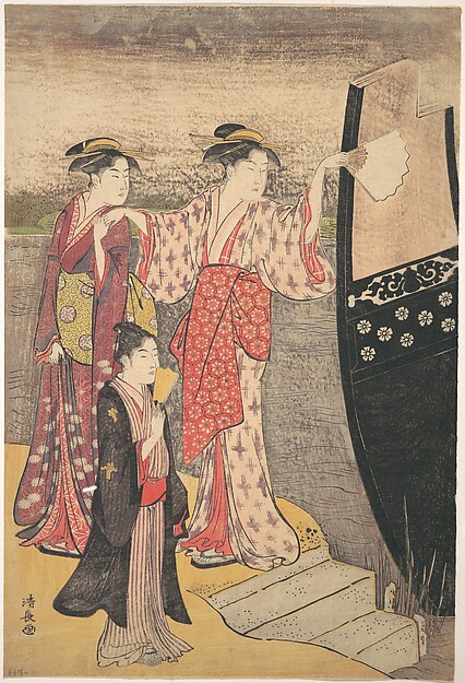Torii Kiyonaga, Disembarking from a Pleasure Boat on the Sumida River