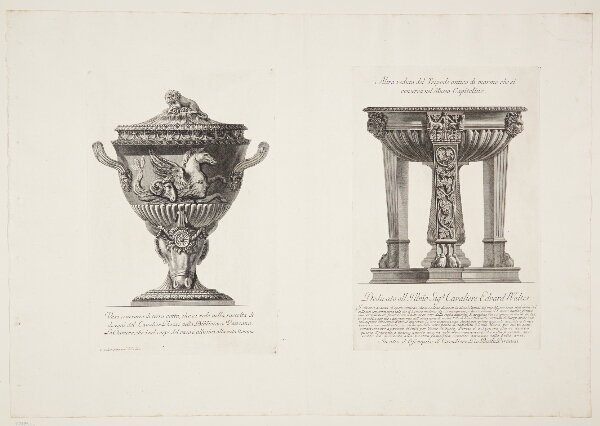 Giovanni Battista Piranesi, Urne i terracotta, udsmykket med en havhest og et vædderhoved, samt en marmortrefod med vinløv og en spiralsnoet, central støttefod. Urnen er raderet efter Cavalier Ghezzis tegning i Vatikan-biblioteket
