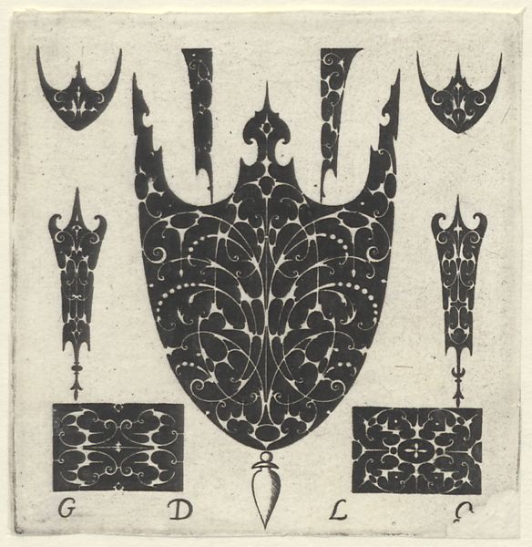 Quewellerie, Guillaume de la, (active 1610-1635), (printmaker), Jewelry designs in blackwork: A large shield-shaped ornament surrounded by eight smaller blackwork ornaments