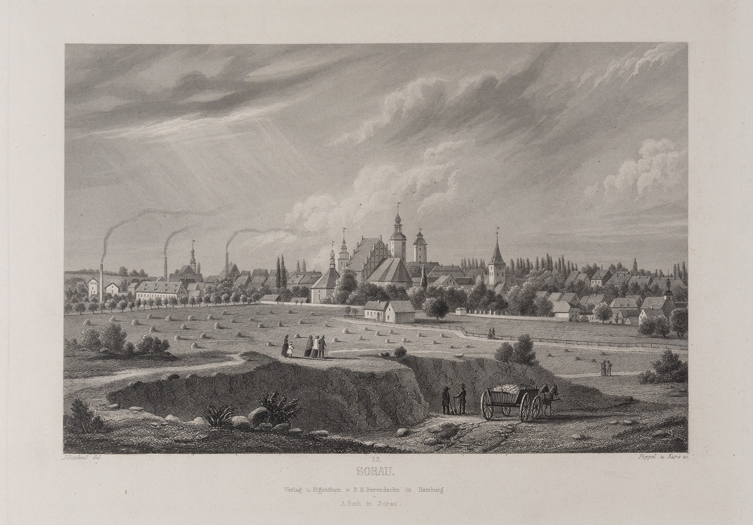 B. S. Berendsohn (Hamburg), Sorau (Niederlausitz) [Żary]: Stadt und Umgebung von Südosten (Brandenburgisches Album, Blatt 53)