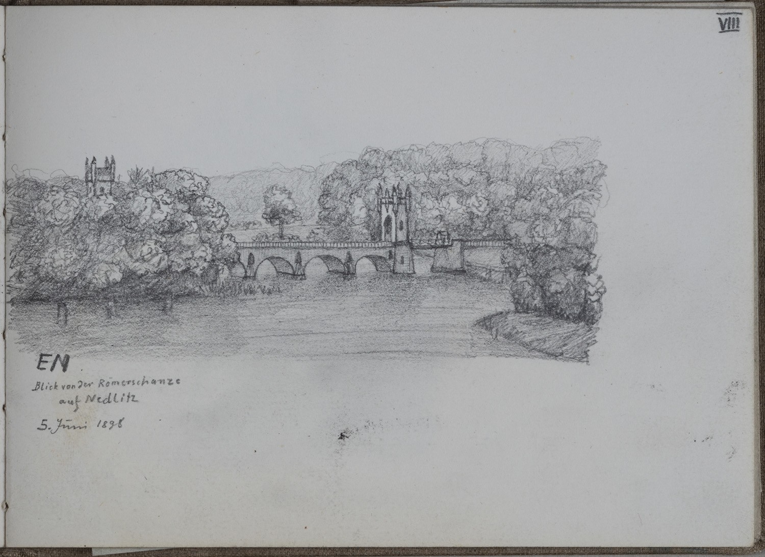 Ernst Morgenstern, Potsdam-Nedlitz: Nedlitzer Nordbrücke von Osten (Skizzenbuch Ernst Morgenstern, Bl. VIII)
