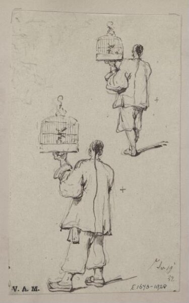 George Chinnery, Two studies of a Chinese man holding up a birdcage