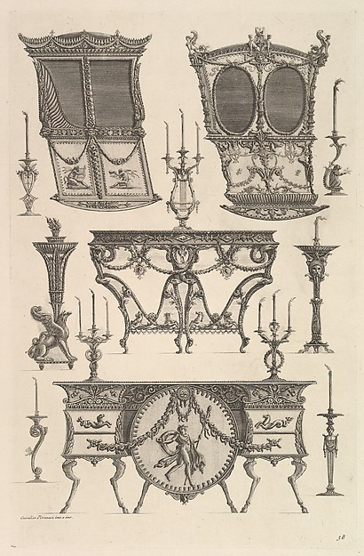 Giovanni Battista Piranesi, Miscellaneous furniture including two sedan chairs, a side table and a commode (Deux ch. à porteurs v. de côté, console, flambeau.), from Diverse Maniere d'adornare i cammini ed ogni altra parte degli edifizi...(Different Ways of ornamenting chimneypieces and all other parts of houses)