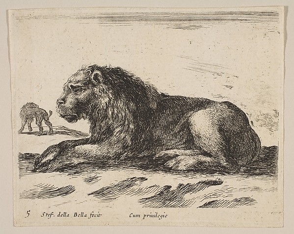 Stefano della Bella, Plate 5: Reclining Lion, from "Various animals" (Diversi animali)