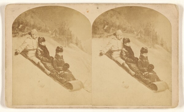 William Notman, [Three people bobsledding]