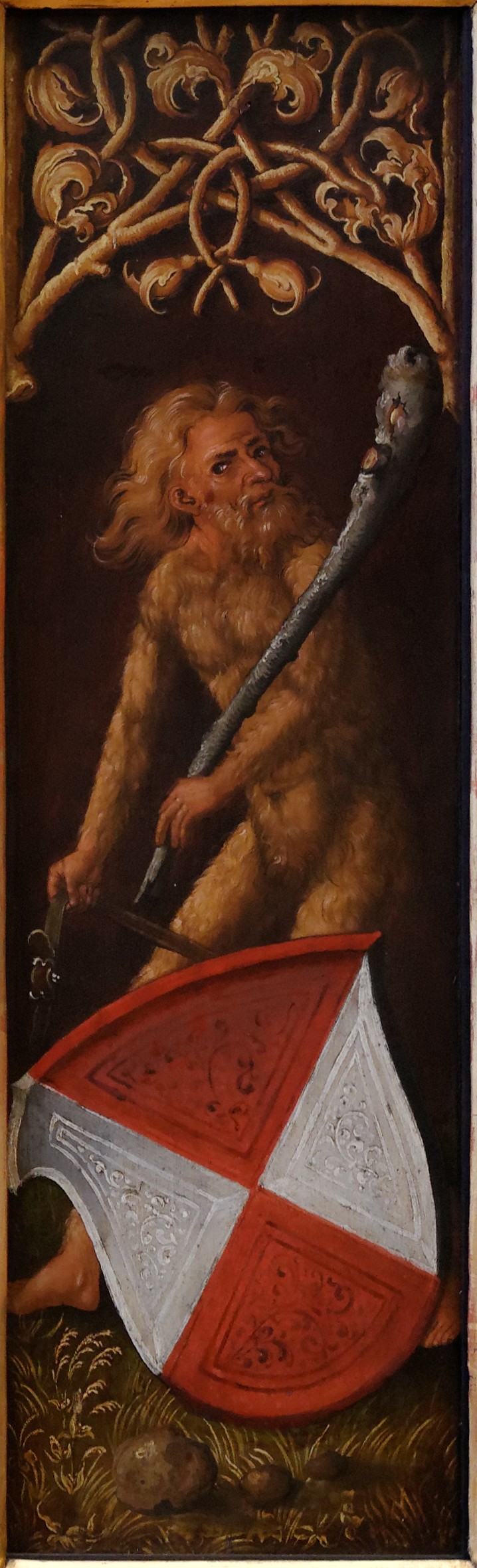 Albrecht Dürer, Portrait of Oswolt Krel: "Sylvan Men" with Heraldic Shields of Agathe von Esendorf