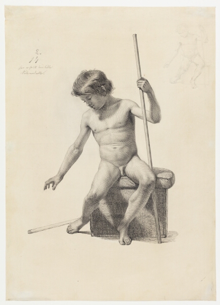 Adolph Kittendorff, Siddende dreng. Modelfigur. Foroven til højre et lille blyantstudie af samme figur