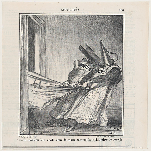 Honoré Daumier, The cloak remains in their hands, like in the story of Joseph, from 'News of the day,' published in Le Charivari, October 14, 1869