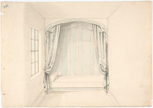 Anonymous, British, 19th century, Design for a Canopied Bed with Pale Blue and White Hangings
