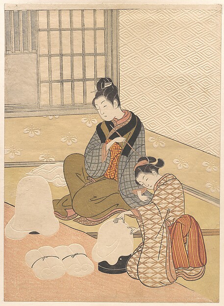 Suzuki Harunobu, Evening Snow on the Heater