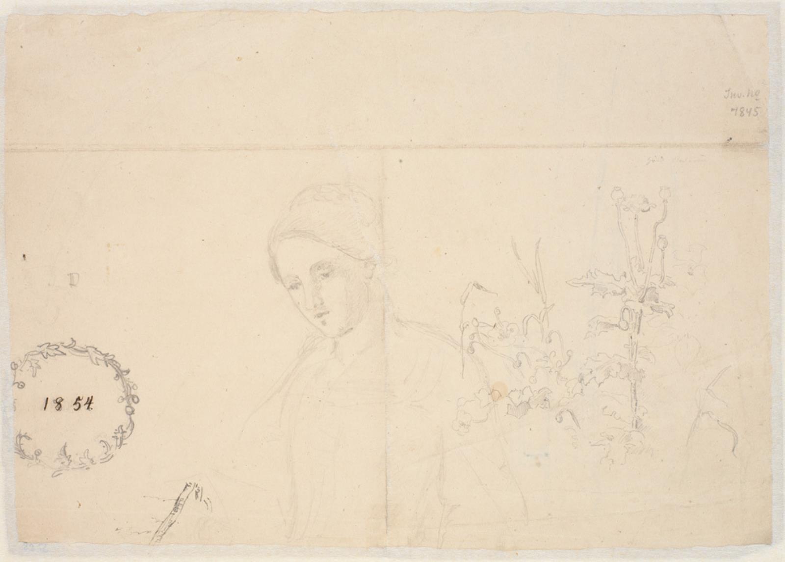 Dankvart Dreyer, En ung dame, halvfigur (Madonnafigur?). Blomsterstudier