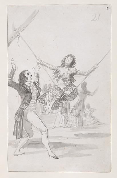 Goya (Francisco de Goya y Lucientes), Girl on a swing, a man with his arms raised; folio 21 (recto) from the Madrid Album "B"