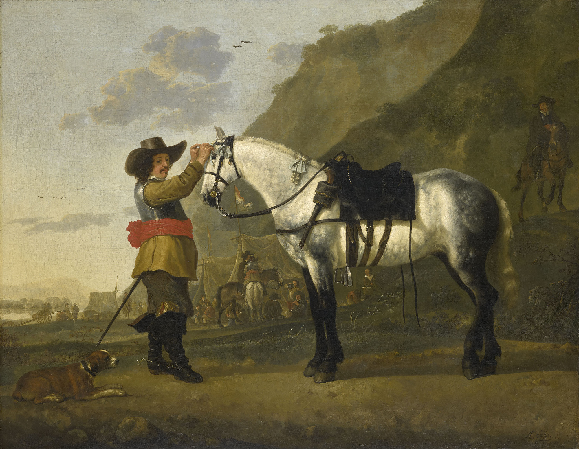 Aelbert Cuyp, A Cavalry Trooper Decorating his Dappled Grey Horse with a Reclining Spaniel at his Feet