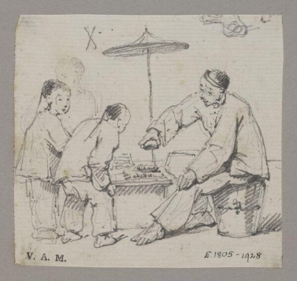 George Chinnery, A Chinese man seated at a table, watched by two children