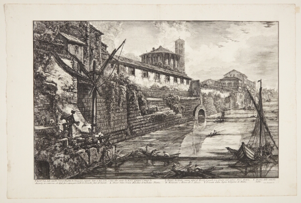 Giovanni Battista Piranesi, Tiberen ved Cloaca Maxima, kloakken, der tidligere kaldtes Bel Lido, med det runde tempel og kirken Santa Maria in Cosmedin i baggrunden