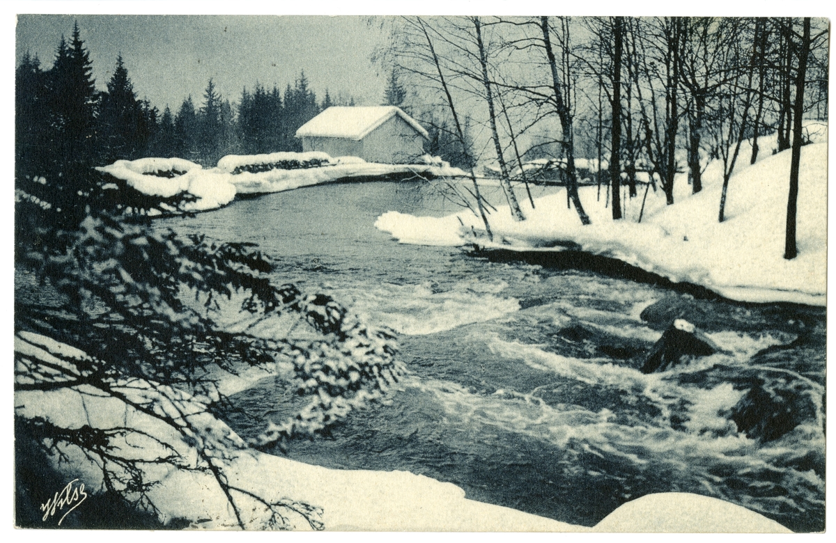 Anders Beer Wilse, Postkort. Vinterlandskap med elv og skog.