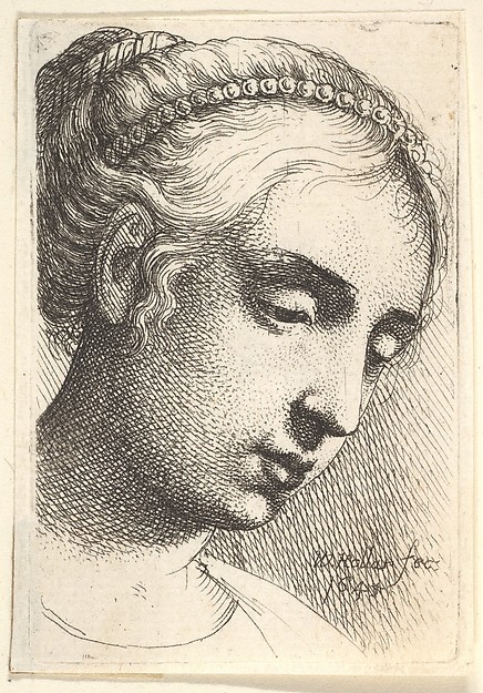 Wenceslaus Hollar, Woman with string of pearls in her hair looking downwards to right