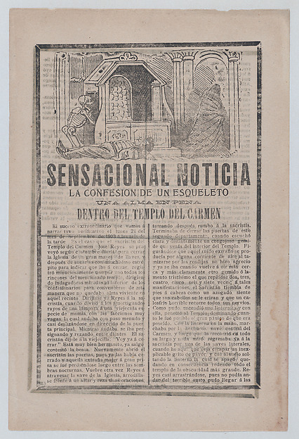 José Guadalupe Posada, Sensational story about the sighting of a skeleton inside a holy temple, a man lying on the floor while a skeleton returns to a chamber and a cloaked figure exits to the right