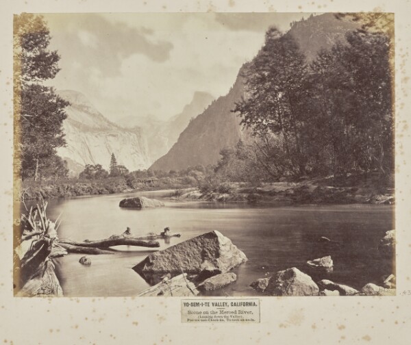 Eadweard J. Muybridge, Yo-Sem-i-te Valley, California. Scene on the Merced River, (Looking down the Valley). Poo-see-nah-Chuck-ka, Tu-toch-ah-nu-la