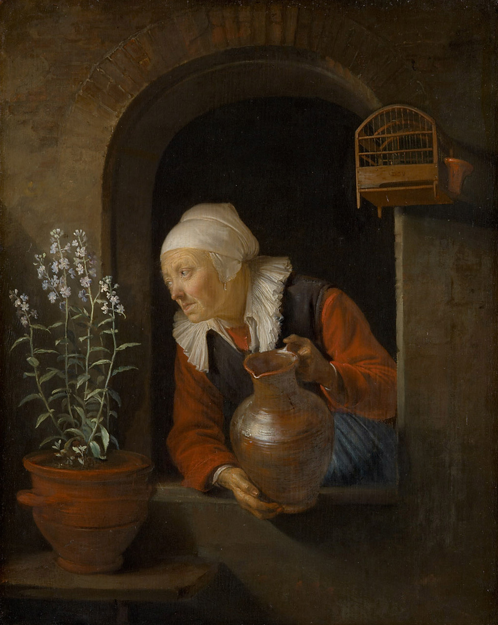Gerrit Dou, Old Woman Watering Flowers