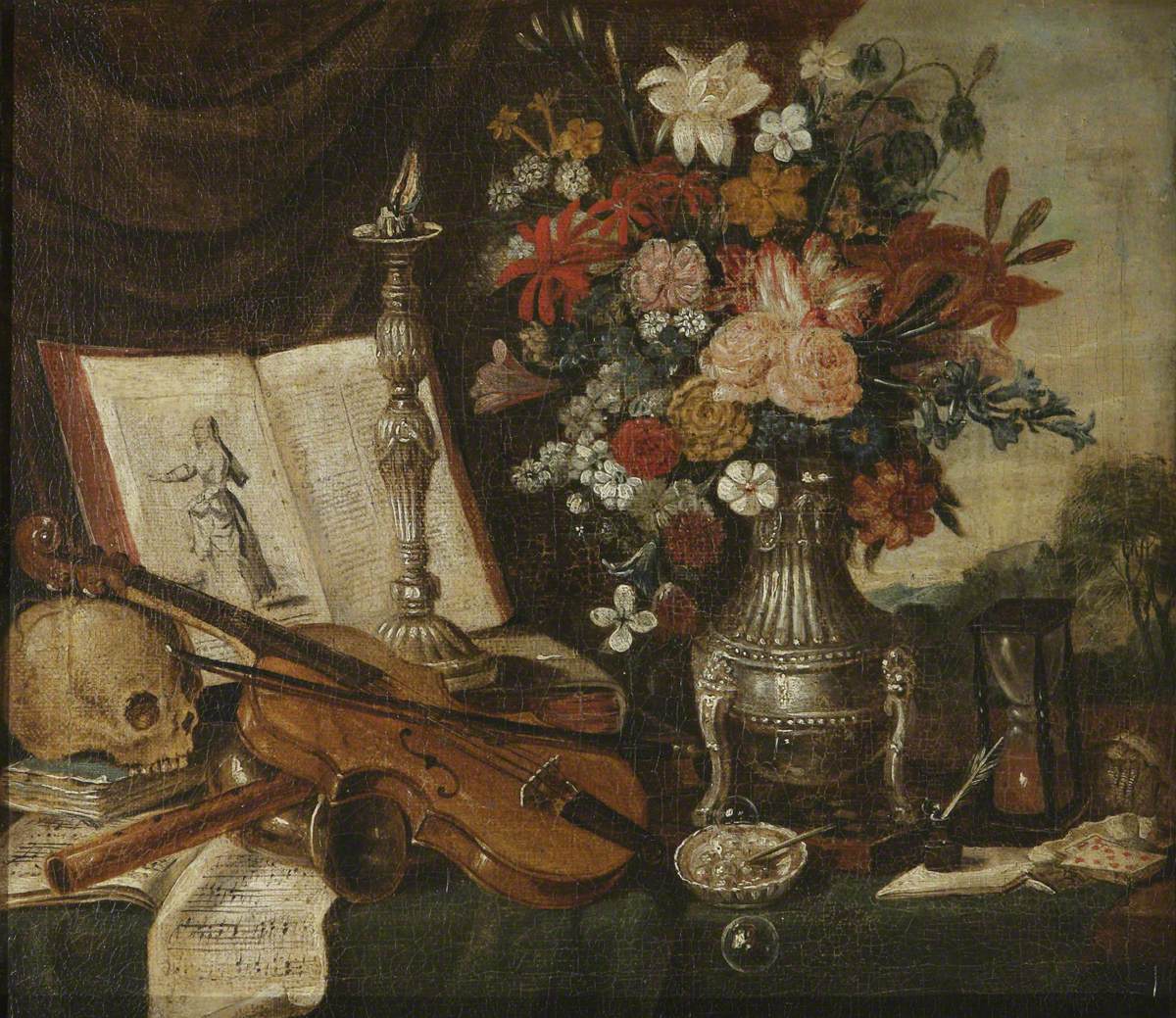 Unknown artist, Vanitas Still Life with Musical Instruments and Flowers in a Silver Tripod Vase