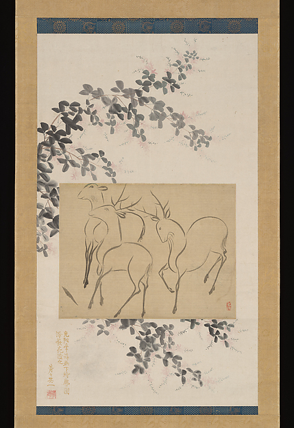 Ogata Kōrin, Preliminary Drawing of Three Deer Mounted on a Hanging-scroll Painting of Flowering Bush Clover