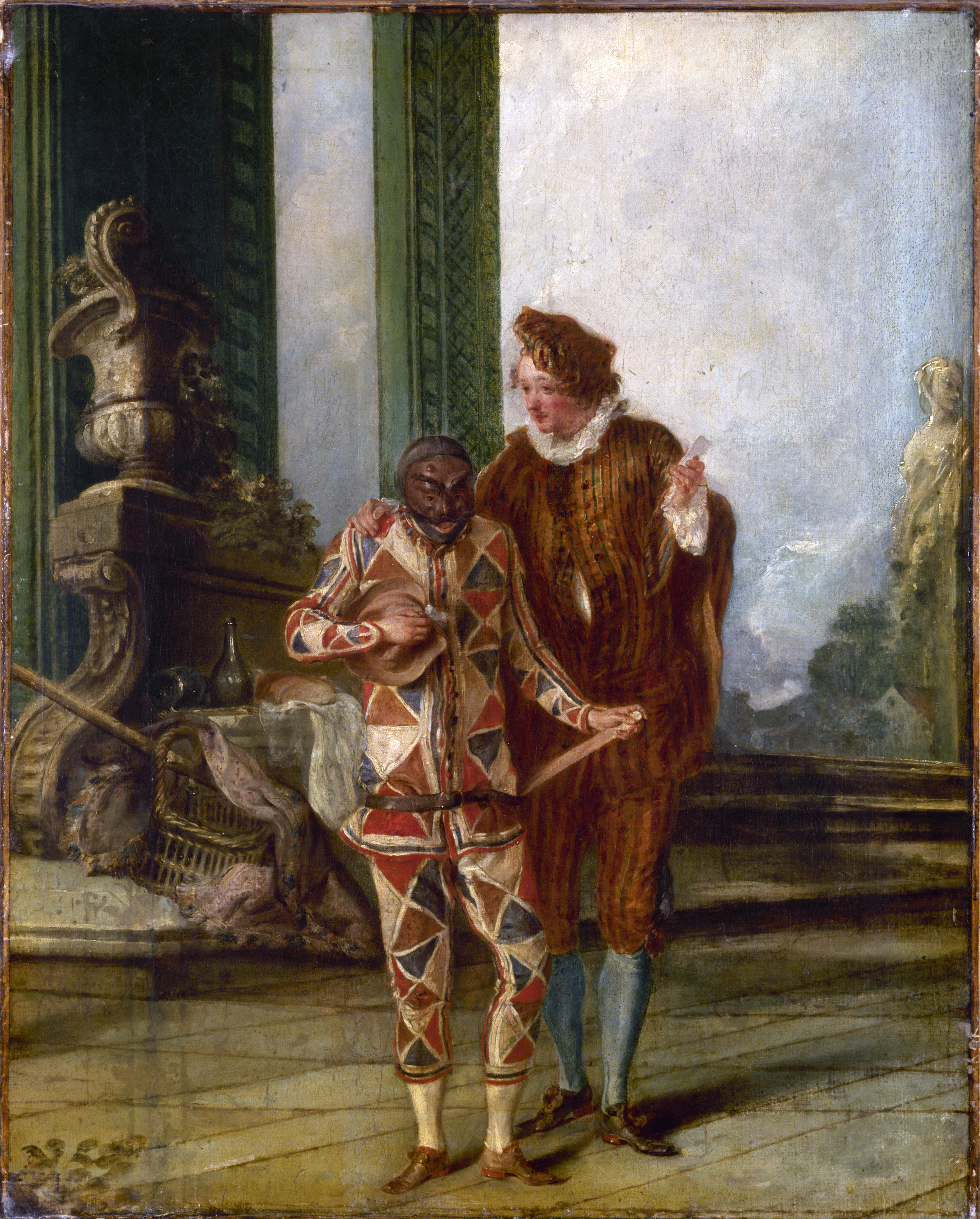 Ecole française, Scène de la comédie italienne : Arlequin et Ricoboni, vers 1720