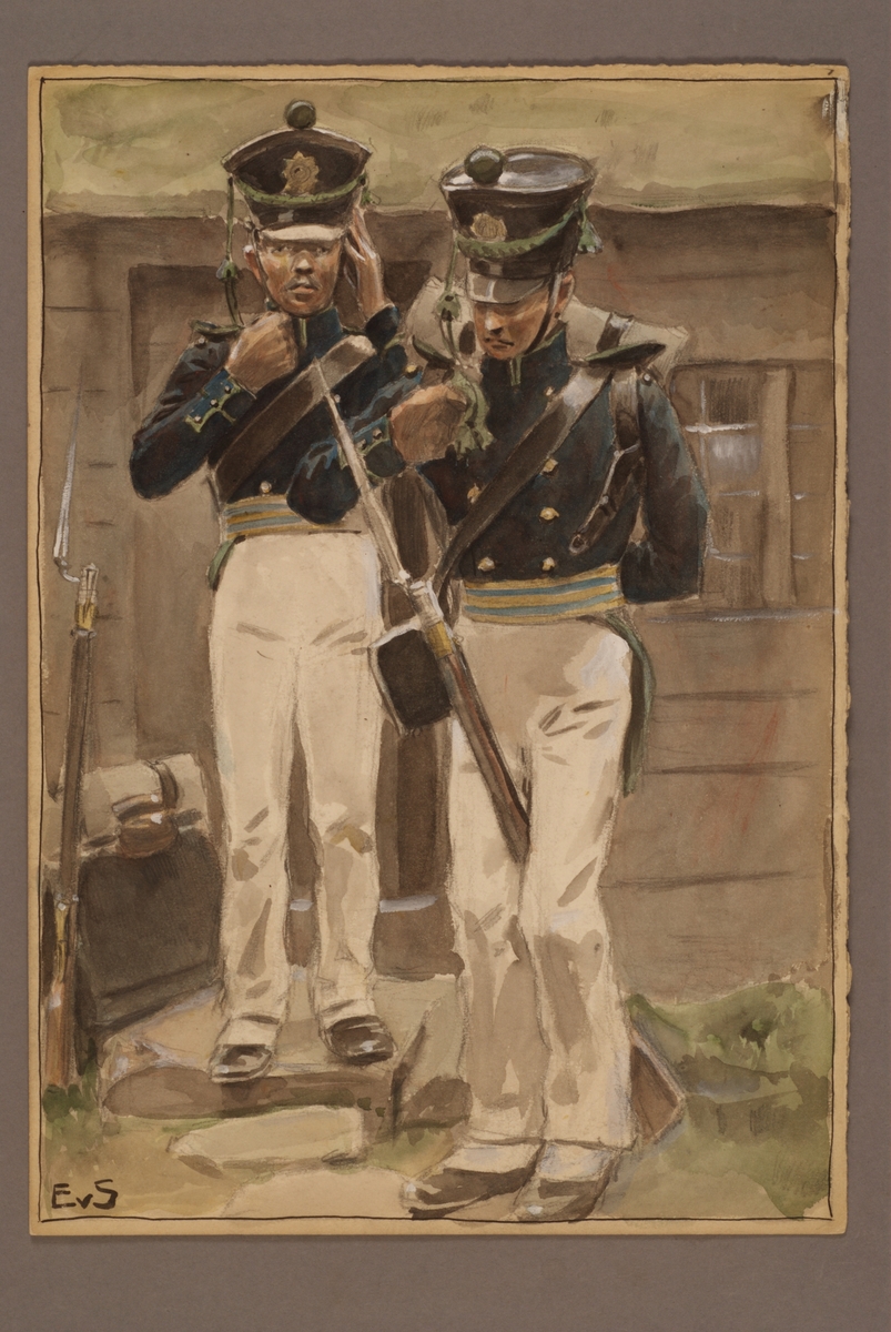 Kjell Hedberg, Plansch med uniform för Infanteriets jägare, ritad av Einar von Strokirch.