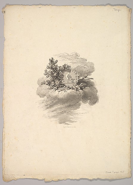 Augustin de Saint-Aubin, Vignette with Coin on a Cloud with Roses to the left and Doves Below and to the Right, Tome I, Page 148, from Description des Principales Pierres gravées du Cabinet de S.A.S. Monseigneur le Duc d'Orléans Premier Prince du sang. A Paris chez M. l'abbé de la Chau au Palais-Royal M. l'abbé Le Blond au…