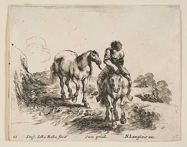 Stefano della Bella, A young horseman, seen from the front, leading another horse, plate 11 from "Diversi capricci"