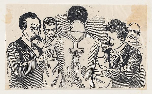 José Guadalupe Posada, A group of men looking at a man's back with an image of the Crucifixion