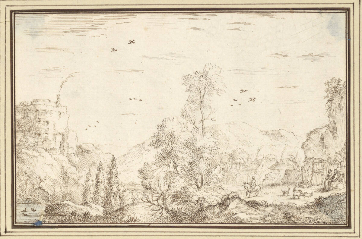 AlbertFlamen, Baumreiche Landschaft mit Turm und einem Ziegenhirten (I-7)