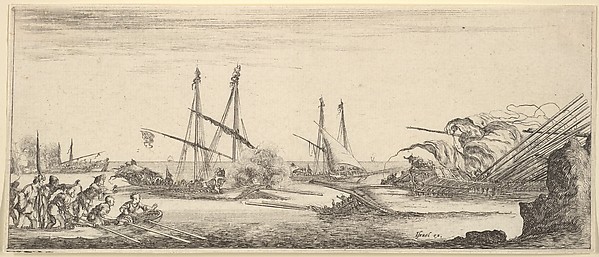 Stefano della Bella, A naval battle, a rowboat full of men to left, a sinking ship to right, two galleys battling in center, other ships battle to left in the background, from "Various Landscapes" (Divers Paysages)