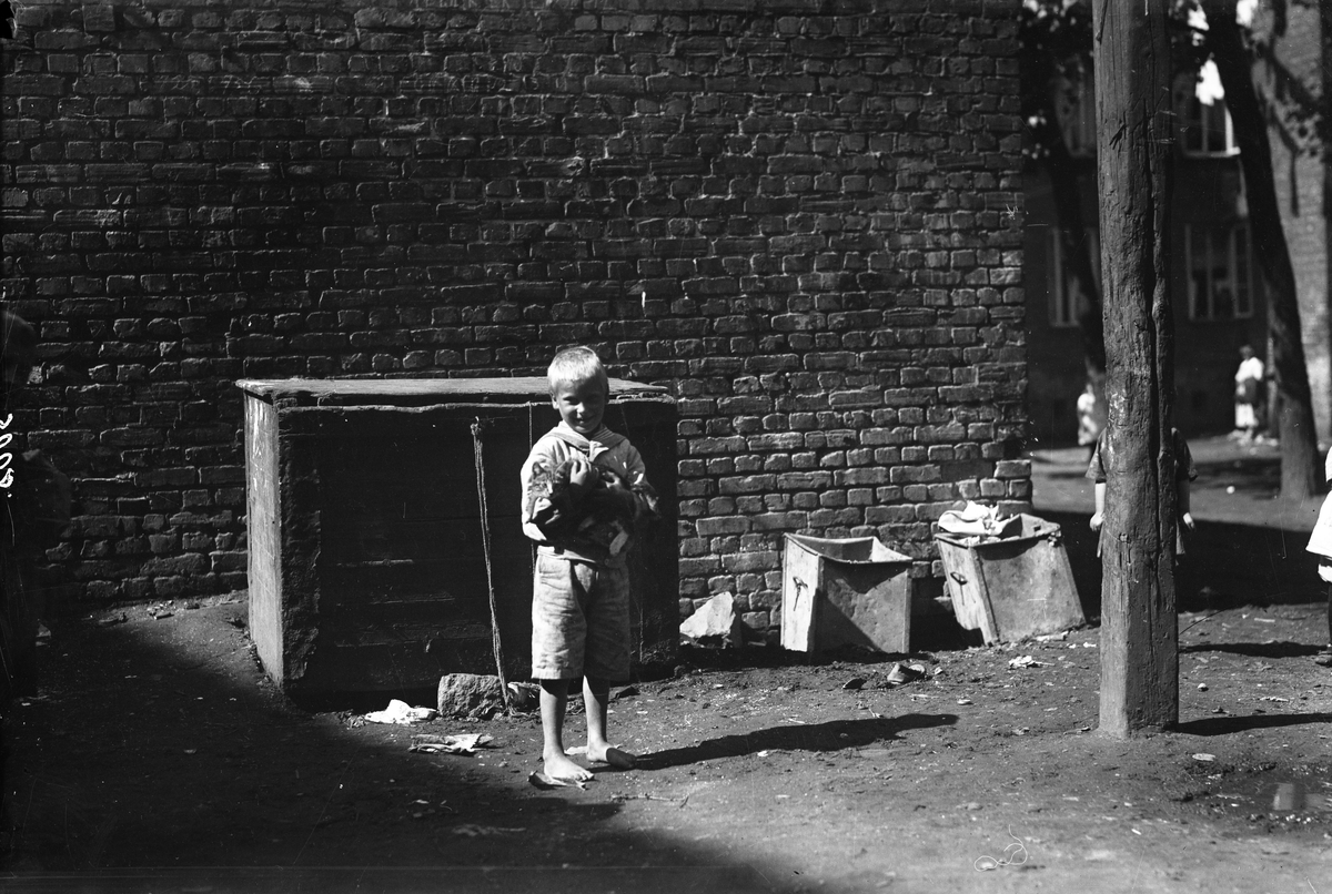 Hermann Christian Neupert, Barn i Gråbeingård, Oslo, 1925. Gutt ved søppelkasser med katt i armene.