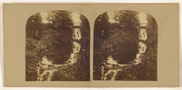 Unknown, [Small waterfall, man in top hat on riverbank]