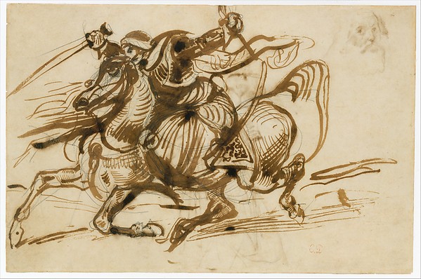 Eugène Delacroix, The Giaour on Horseback (recto); Study of a Woman with Head and Arms Thrown Back, and Study of the Head of an Old Man (verso)