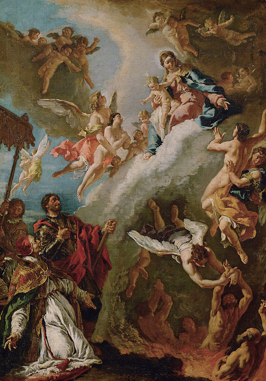 Francesco Fontebasso, Papst Gregor I. und der Hl. Vitalis bitten die Madonna für die Seelen im Fegefeuer