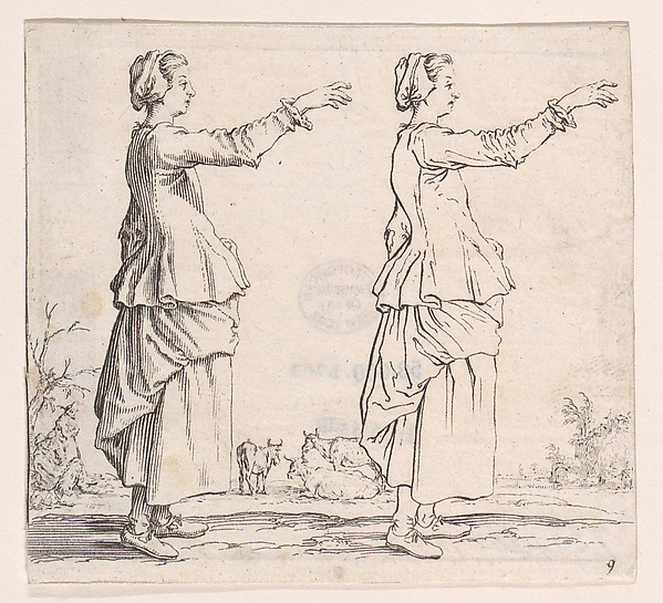 Jacques Callot, La Paysanne Torunée a Droite, la Main Tendue en Avant (The Peasant Woman Turned to the Right, her Hand Extended Forward), plate 9 from "Varie Figure" (Various Figures)