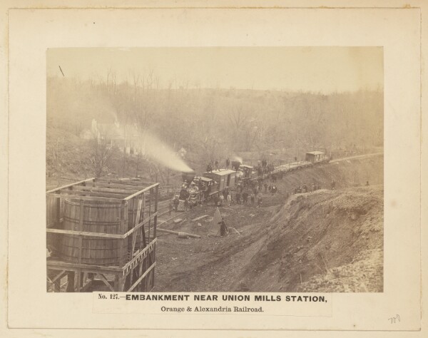 A. J. Russell, No. 127. Embankment near Union Mills Station, Orange & Alexandria Railroad. [April 1863].