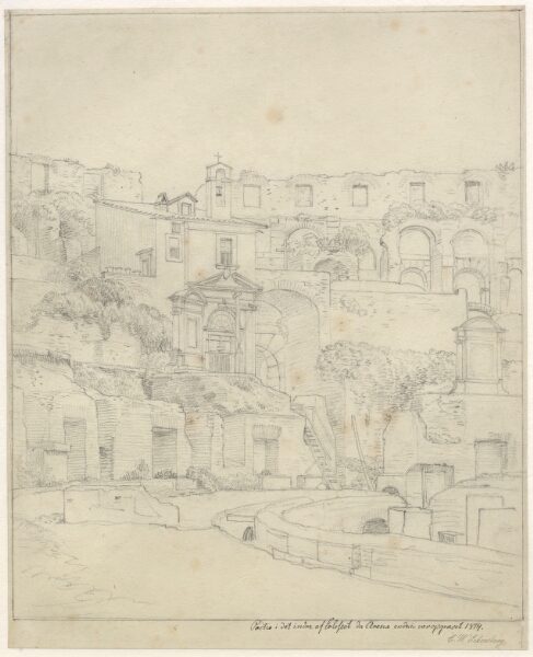C.W. Eckersberg, Parti af det indre Colosseum da arenaen endnu var opgravet. Arenaens sydøstlige del med kapellet og hovedingangen.