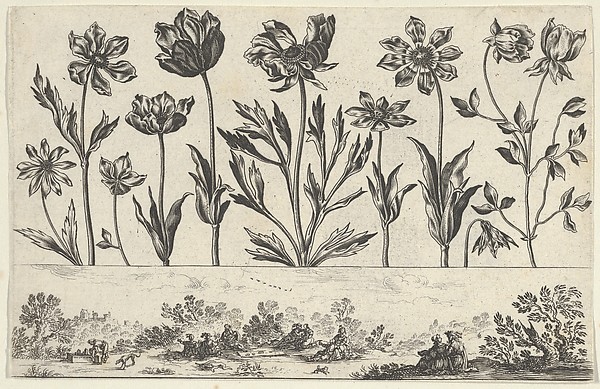 Nicolas Cochin, Horizontal Panel with a Row of Flowers Above a Frieze with Figures in a Landscape, from "Livre Nouveau de Fleurs Tres-Util"