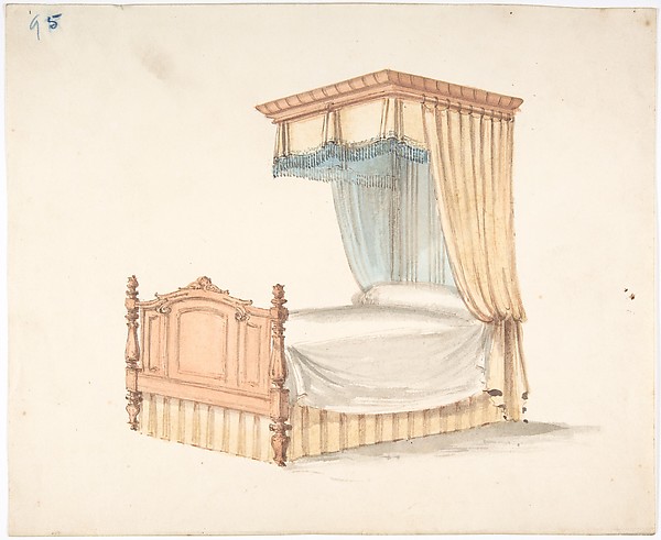 Anonymous, British, 19th century, Design for a Bed with Yellow and Blue Fringed Hangings
