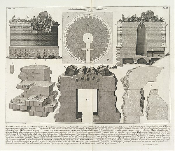Giovanni Battista Piranesi, Plan of the Mausoleum of Caecilia Metella, wife of the Triumvir Marcus Crassus..., tome 3, tavola 49 from "Le Antichità Romane" (Roman Antiquities)