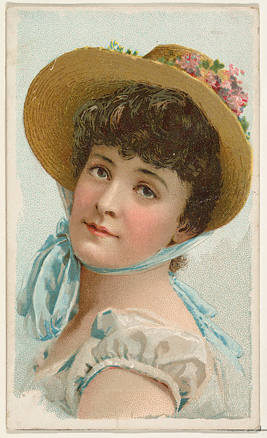 W. Duke, Sons & Co., Actress wearing straw bonnet tied with blue ribbon, from Stars of the Stage, First Series (N129) issued by W. Duke, Sons & Co. to promote Honest Long Cut Tobacco