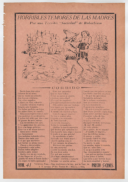 José Guadalupe Posada, Broadsheet relating to a fear of kidnappers, a kidnapper grabbing a child in a field while a horse carriage waits in the background