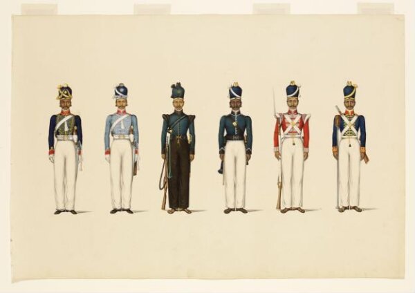 Unknown, Six figures depicting military uniforms