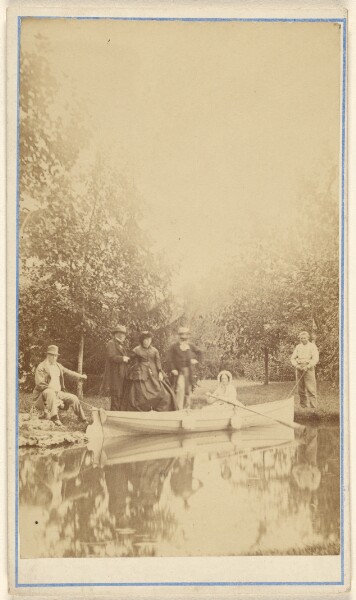 Unknown, [Group of people near a lake, one woman in a canoe]