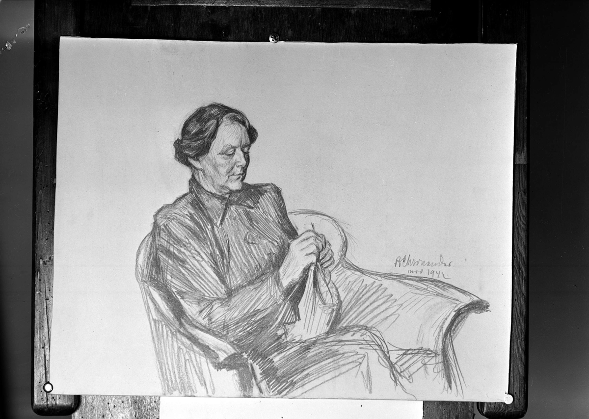 Gunnar Sundgren, Teckning signerad B Chronander nov 1942 - kvinnoporträtt, sannolikt Uppsala