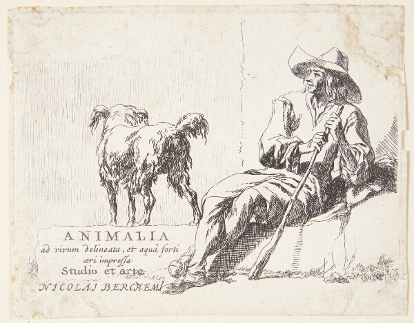 Nicolaes Berchem, En hyrde med sin hund. Titelblad til "Geder"